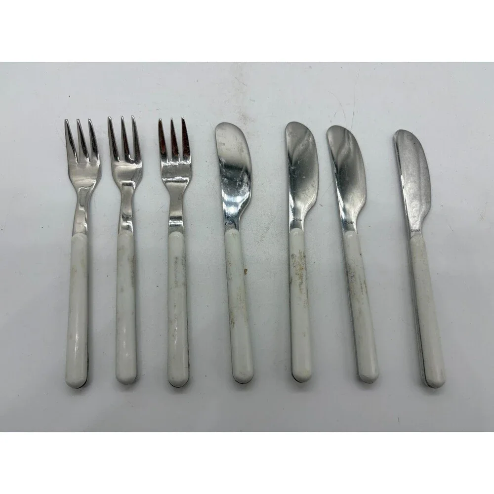 Lot of 7 Vintage Stainless Steel Cutlery Set White Plastic Handles 3 Forks 4 Kni